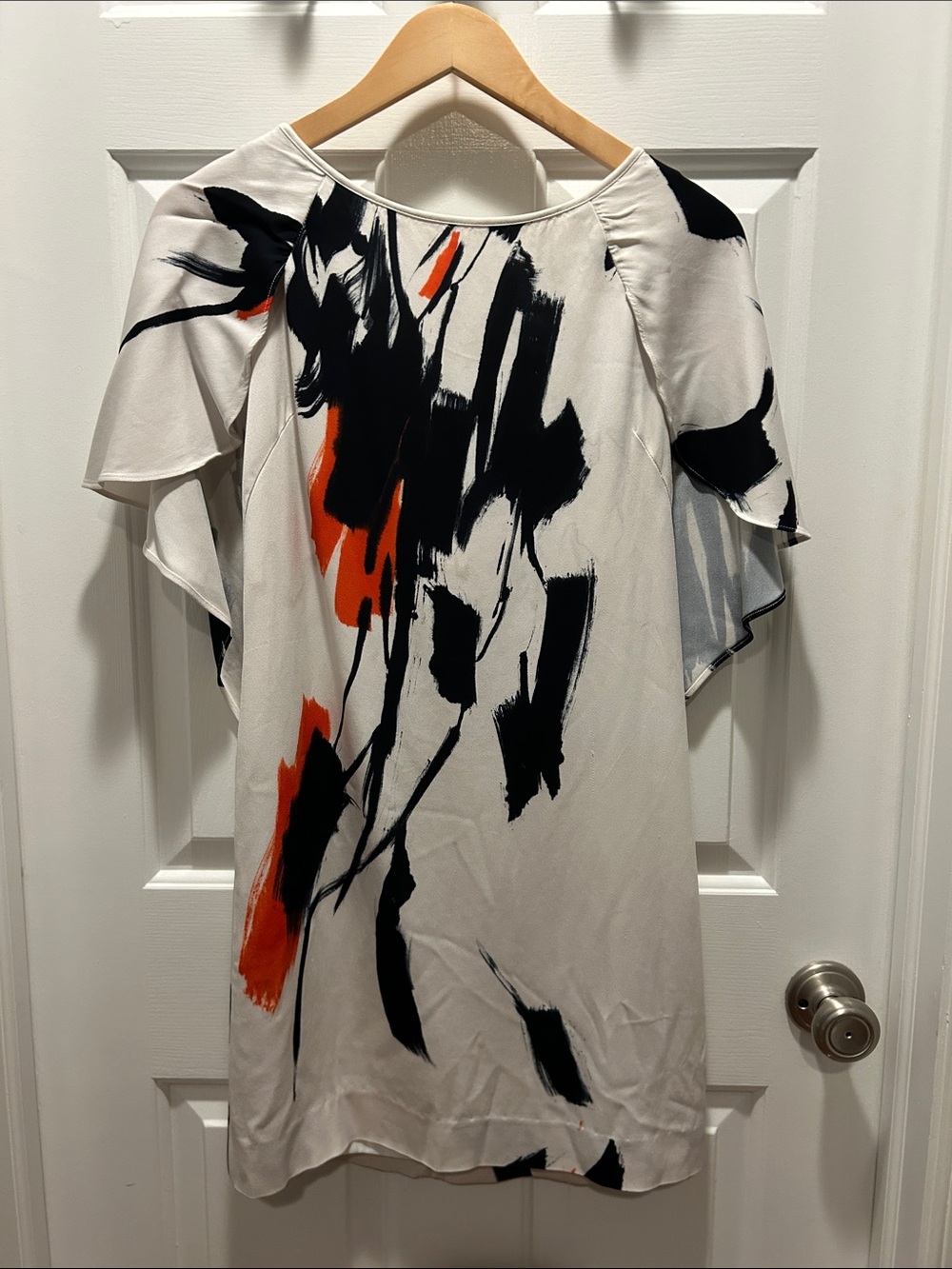 Milly White V-Neck Tunic with Black and Orange Brushstroke Print